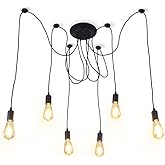 Finktonglan 6-Light Spider Pendant Chandelier, Adjustable 48.4" Cords, E26 Sockets, Black Industrial Multi-Light Ceiling Fixt
