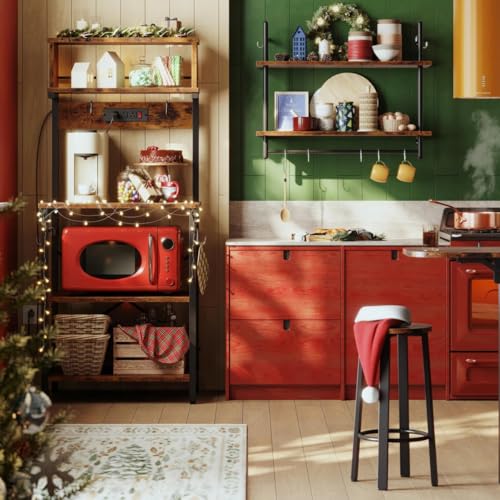 YKSLZ Estante para Cocina de 5 Niveles, Estantes Organizadores con Enchufes y 6 Ganchos，Estante de Microondas, Mueble Multiusos de Cocina, Sala, Oficina, Industrial, café rústico y Negro