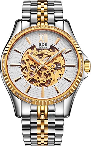 BOS Men's Stainless Steel Gold Case White Dial Skeleton Mechanical Waterproof Wrist Watch 9010 (Gold)