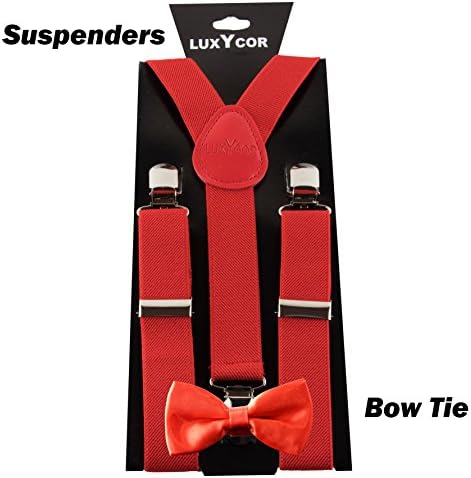 LUXYCOR Adjustable Kid's Suspenders with Bow Tie in Solid Colors (6-12 Years Old) (Red)