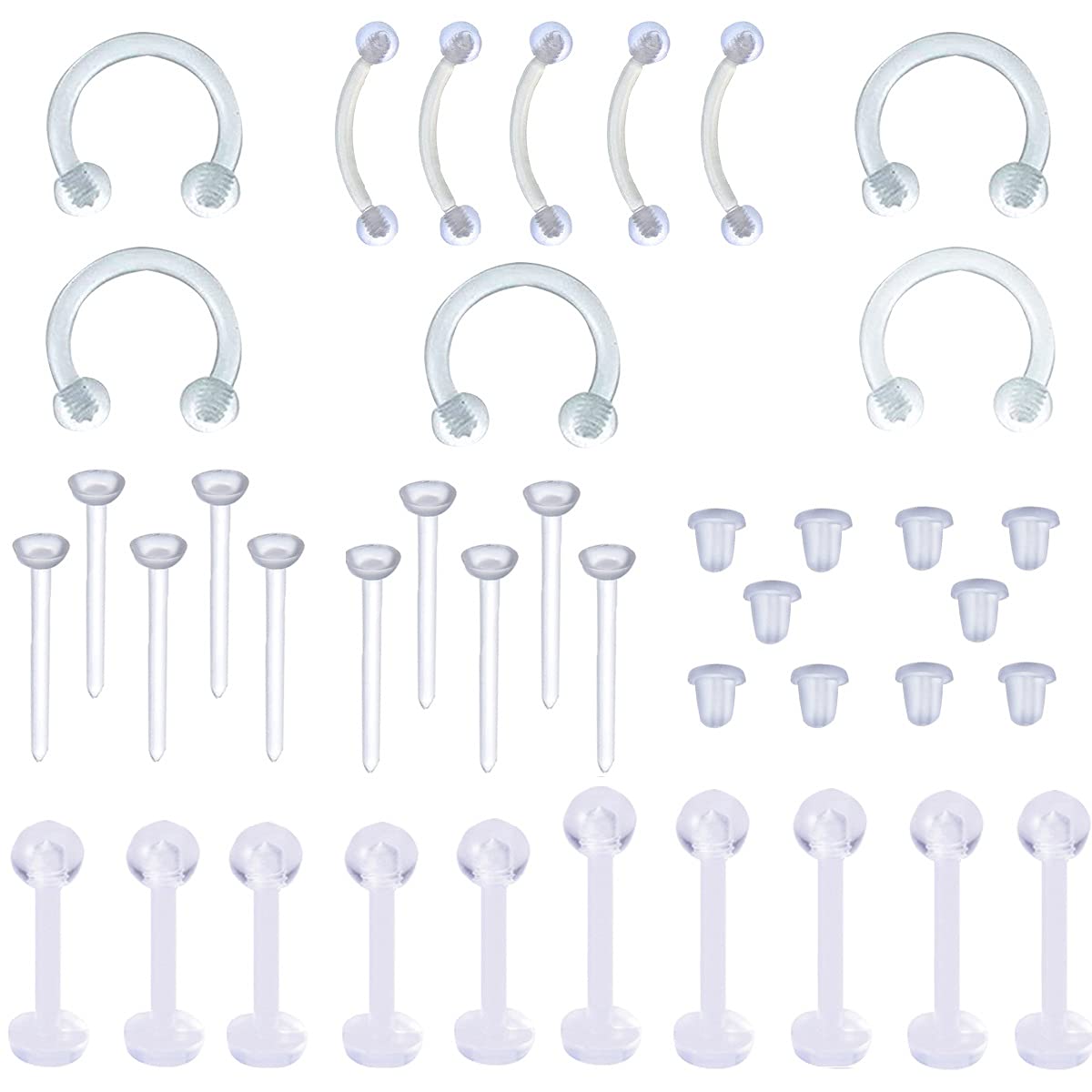 Rlbytia 30pcs Clear Earrings Piercing Retainers Bioflex Flexible Acrylic Invisible Tragus Lip Labret Eyebrow Helix Cartilage Septum Studs Hoops Rings 16G/20G