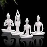 OwMell Lot of 4 Meditation Yoga Pose Statue Figurine Ceramic Yoga Figure Set Decor - White