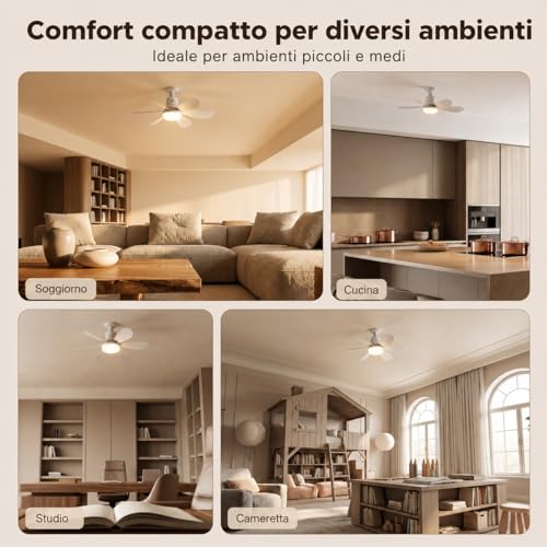 MARSI Ceiling Fan with LED Light 52cm, Chandelier Fan E27, 6 Removable ABS Blades, DC Motor, 3 Speed, Adjustable Light, IR Remote Control, for Bedroom and Living Room