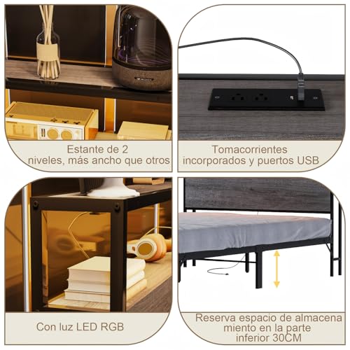 Simple Wisdom Cama Matrimonial 1.4 M con Base y Cabecero de Almacenamiento, 2 Salidas de Carga y 2 Puertos USB y Luces LED(Gris)
