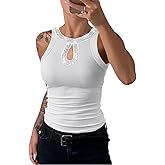 Ninimour Women Sleeveless Tank Top Rhinestone Contrast Sequin Keyhole Collar Knit Ribbed Slim Basic Top