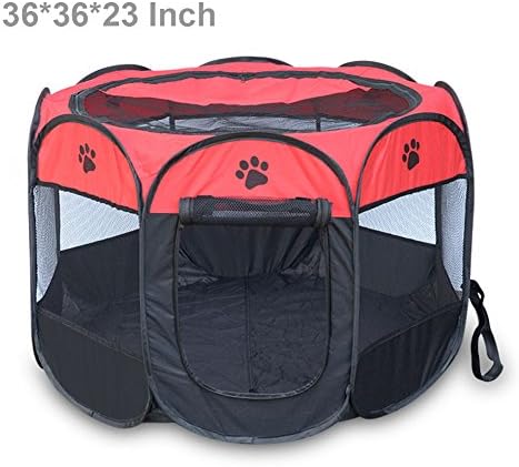 TENSOE 36" Pet Playpen with Door Parkland Portable Foldable Dogs/Cats Playpen Exercise Indoor/outdoor Removable Mesh Shade Cover Red