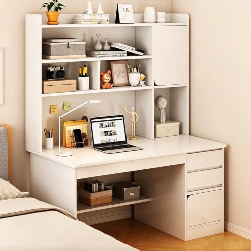 FORKUSO Escritorio con Cajones y Repisa, Computadora Minimalista. Oficina, Madera (Desk). 120 * 45 * 164CM 4 estantes, 3 cajones, 2 armarios. para Sala, Dormitorio o Juegos (Blanco)