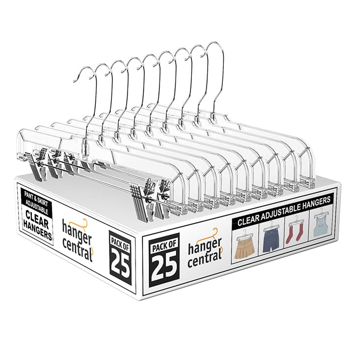 Hanger Central Premium 14 Inch Clear Pants Hangers with Adjustable Clips - 25 Pack Space-Saving Skirt Hangers - Non-Slip Heavy Duty Plastic Closet Organizers with 360° Swivel Hook