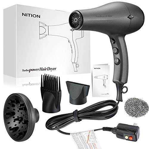 NITION Durable AC Motor Ceramic Salon Hair Dryer with Diffuser,Comb & Nozzle Attachments,1875 Watt Negative Ions Ionic Blow Dryer for Quick Drying,3 Heat & 2 Speed Settings,Cool Shot Button,Black NITION Durable AC Motor Ceramic Salon Hair Dryer with Diffuser,Comb & Nozzle Attachments,1875 Watt Negative Ions Ionic Blow Dryer for Quick Drying,3 Heat & 2 Speed Settings,Cool Shot Button,Black
