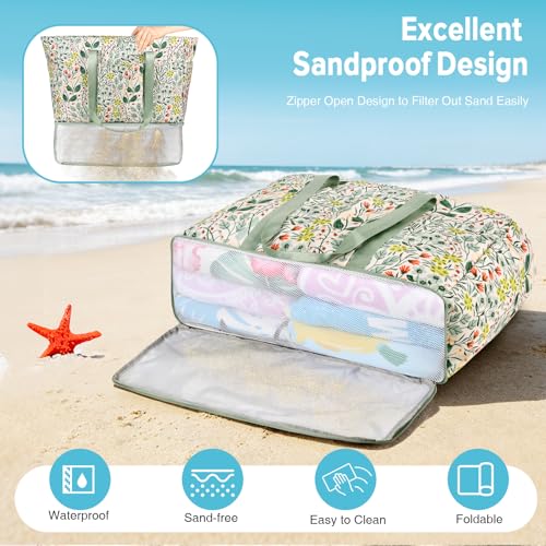 LUROON Large XXL Family Beach Bag with Zip, Waterproof, Women's Beach Bag, Foldable, Shopper, Beach Bag for Travel, Shopping, 50 x 35 x 20 cm, green