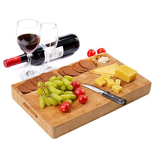 HHXRISE Thick Large Organic Bamboo Cutting Board Cheese Board, With 3 Built-In Compartments&Juice Grooves, Heavy Duty Chopping Board For Meat Bread Fruit(15.8x9.8x1.2'') Butcher Block BPA Free