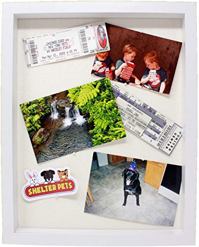 11x14 White Gallery Display Shadow Box Frame with Linen Background - Includes Attached Hanging Hardware - Display Pictures, Trinkets, Tickets, Memories, and More!