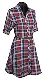 Women's Roll Up Sleeve Plaid Tunic Top Shirt Dress with Belt