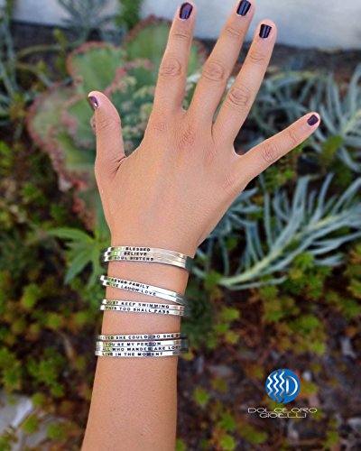 Dolceoro Personalized Mantra Cuff Bracelet - 3mm Shiny 316L Surgical Steel Inspirational Jewelry