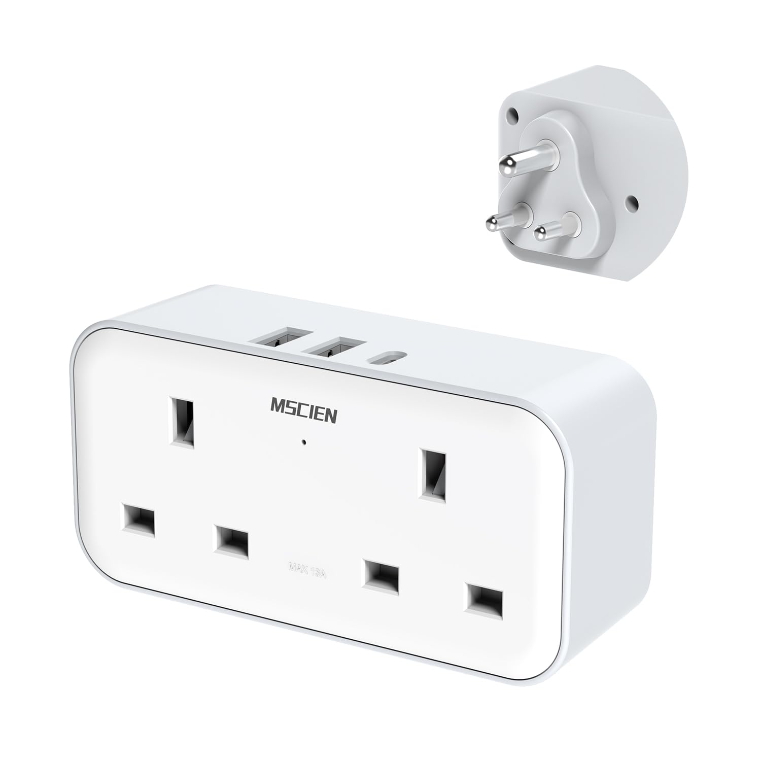 UK to India Plug Adapter, MSCIEN India Travel Adapter with 3 USB (1 USB C), Grounded Charger Travel Adaptor Plug UK to India, Sri Lanka, Maldives, Pakistan, Nepal, Yemen, Iraq (Type D Plug)