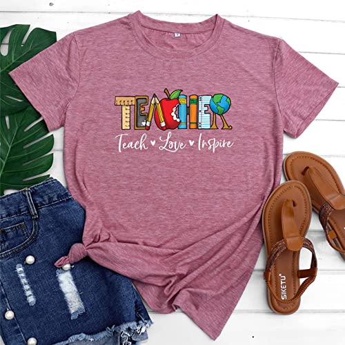 Women Teacher T-Shirt Teach Love Inspire Letter Print Shirts Brick Red