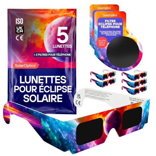 Lunettes Éclipse Solaire 5 Pack avec 2 Filtres Smartphone – Certifiées ISO 12312-2 et CE, Kit Complet pour Observer et Photographier l’Éclipse 2026