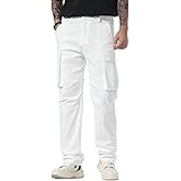 Plaid&Plain Men's Cargo Pants Loose Straight Fit with Multi-Pocket and Oversized Belt Loops