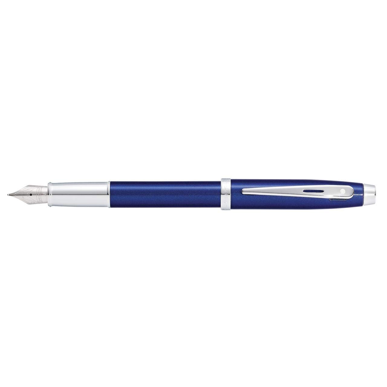Sheaffer 100 Glossy Blue Lacquer Fountain Pen with Polished Chrome Trim and Medium Nib