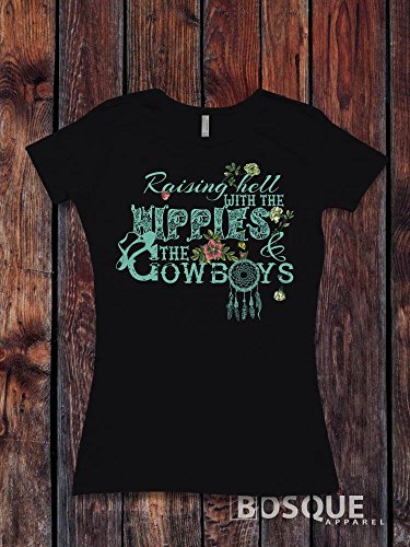 Raising Hell with the Hippies and the Cowboys T-Shirt Distressed Country Southern Style Tee - Ink Printed