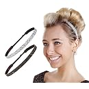 Hipsy Women's Adjustable No-Slip Bling Glitter Headbands - 3 Pack (Black, Gold, Silver), Skinny Stretch Band