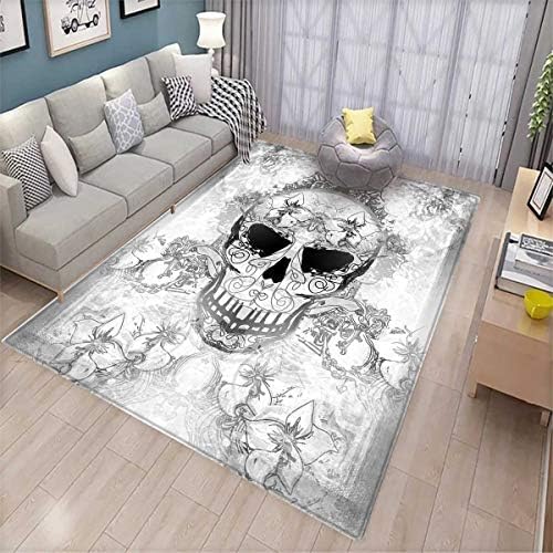 Day of The Dead Customize Door mats for Home Mat Skull with Oriental Paisley Motifs Festive Celebration Print Door Mat Outside Pale Grey and White