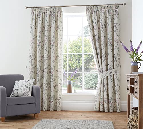 Dreams & Drapes Design - Jazmine - 100% Cotton, Fully Lined, Pencil Pleat Pair of Pencil Pleat Curtains With Tie-Backs - 46 Width x 72 Drop (117 x 183cm) in Heather