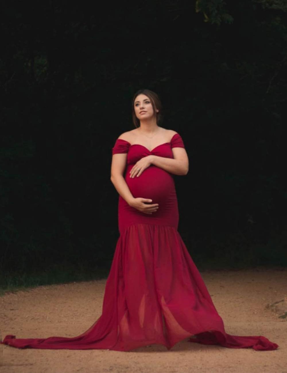 JustVH Maternity Off Shoulder Chiffon Gown Maxi Photography Dress for Photo Shoot Photo Props Dress Burgundy at  Women’s Clothing store