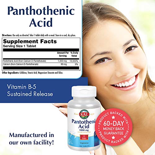 KAL Pantothenic Acid Sustained Release 1000mg | For Energy Storage & Release | Supports Metabolism of Carbs, Fats & Proteins | Vegetarian | 100ct