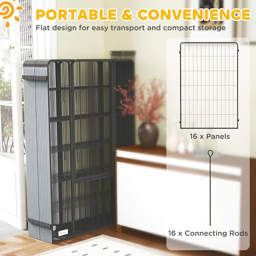 PawHut Dog Playpen, 31.5" W Heavy-Duty Metal Puppy Play Pen, Pet Exercise Fences for Outside and Indoor, DIY Design with Door for Large Dogs, 16 Panels, 47" H