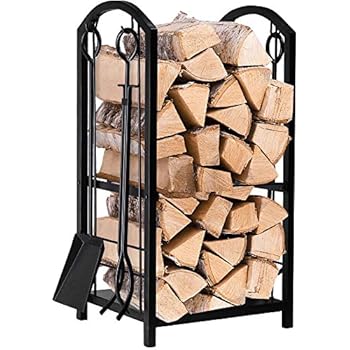 Fireplace Log Rack with 4 Tools Indoor Outdoor Fireside Firewood Holders Lumber Storage Stacking Black Wrought Iron Logs Bin Holder for Fireplace Tool