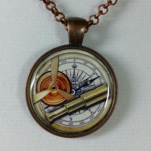 Telescope and Compass Steampunk Navigator Art Pendant Necklace