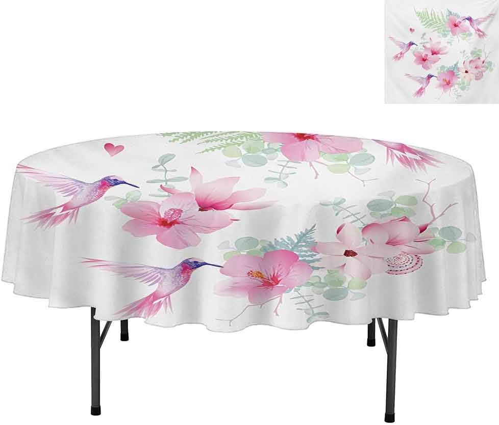 Aishare Store Round Polyester Table Cloth, Tropical Flowers with Flying Hummingbirds Wild Nature Bl, Table Cloth for Dining Room Party Outdoor Picnic, Round 50", Pale Pink Pale Green Purple