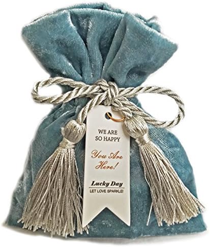 Fesmi Decor Party Favor Velvet Drawstring Bag with Silver-Gray Tassles, Gold Hook, and Accessory Greeting Tag for Weddings, Birthdays, and Parties, 5.25 x 4.5 x 0.5 inches - 20 Pack (Aquamarine Blue)