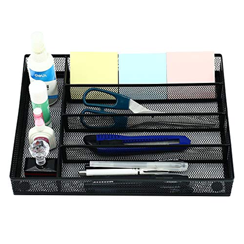 Ovicar Flatware Drawer Organizer, Metal Mesh Kitchen Cutlery Trays, Kitchen Utensil Silverware Storage with Foam Feet (5 Compartment, Black)