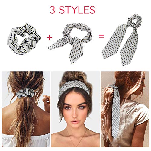 Silk Satin Hair Scrunchies Scarf, 12 Pcs Ribbon Bow Scrunchies, Soft Scarf Hair Ties Bowknot Ponytail Holder for Women Girls, Including 4 Solid Colors & 4 Stripe Styles & 4 Flower Pattern