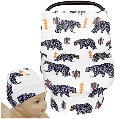 SHELLBOBO Multi-Use Infinity Stretchy Shawl Car Seat Canopy Baby Buggy Covers Animmals Printed Cotton Breastfeeding Covers for Moms Cute Bears (white)