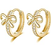 Reffeer Solid 925 Sterling Silver CZ Bow Hoop Earrings Ribbon for Women Teen Girls Bowknot Hoop Earrings Huggie