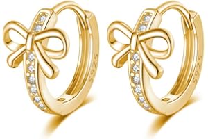 Reffeer Solid 925 Sterling Silver CZ Bow Hoop Earrings Ribbon for Women Teen Girls Bowknot Hoop Earrings Huggie