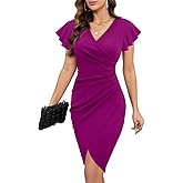 Machico 2026 Women's Sexy V Neck Ruffle Sleeve Faux Wrap Ruched Bodycon Sheath Cocktail Party Work Dress