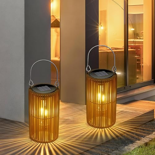 Zarmanuae Solar Lanterns, Rattan Waterproof Solar Lights for Outside Hanging Solar Lights Outdoor Solar Lamp Lights Decoration for Garden Yard Patio Porch Trees Lawn Pathway, 2 Pack