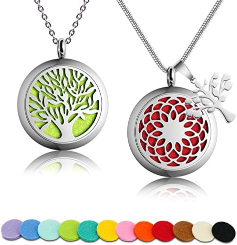 2 PCS Auzer Aromatherapy Essential Oil Diffuser Necklace with 316L Surgical Stainless Steel Pendant Locket 23.6-Inch Chain and 12 Oil Refill Pads (Lifetree + Sunflower)