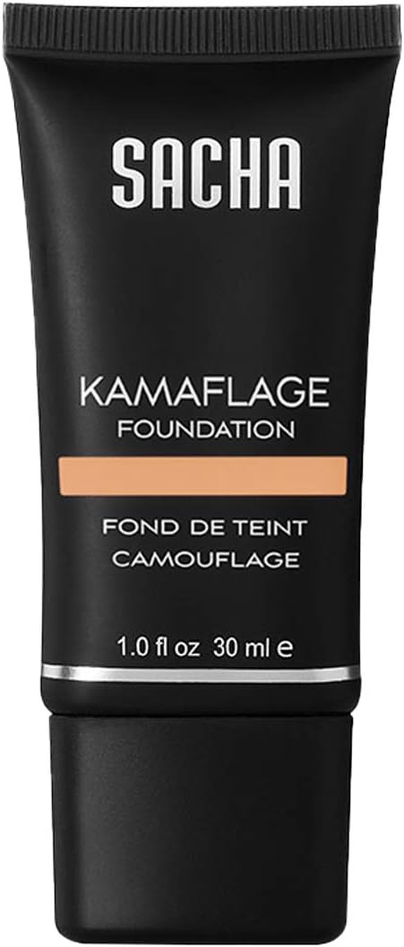 Liquid Kamaflage by Sacha Cosmetics, Camouflage Full Coverage Concealer Foundation Makeup, Matte Poreless Tattoo Cover Up, 1.0 oz, Almond Beige