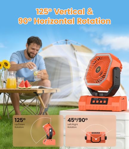Portable Camping Fan with LED Light USB Rechargeable Fan 20000mAh - Battery Operated Silent Fan for Tent Travel Office Car - Mini Portable Fan with Hook and Base