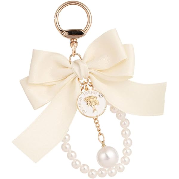 Liobelon 2-Piece Bow Keychain Set For Women - Diamond & Pearl Wristlet, Bag Charm For Purse, Backpack, Or Car Keys