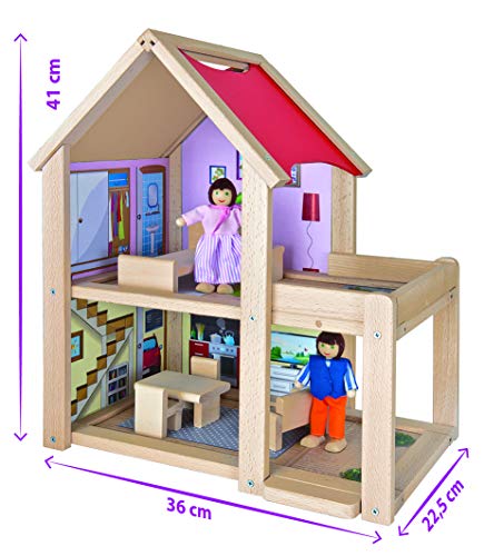 Eichhorn 100002501 - Puppenhaus fertig montiert inklusive 2 Puppen und Möbeln, 9-tlg., 22,5x36x41cm, Buchenholz – Bild 5