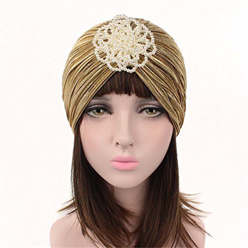 Qhome Luxury Women Shimmering Wrinkle Turban Artificial Pearl Flower Hijab Cap Head Wrap