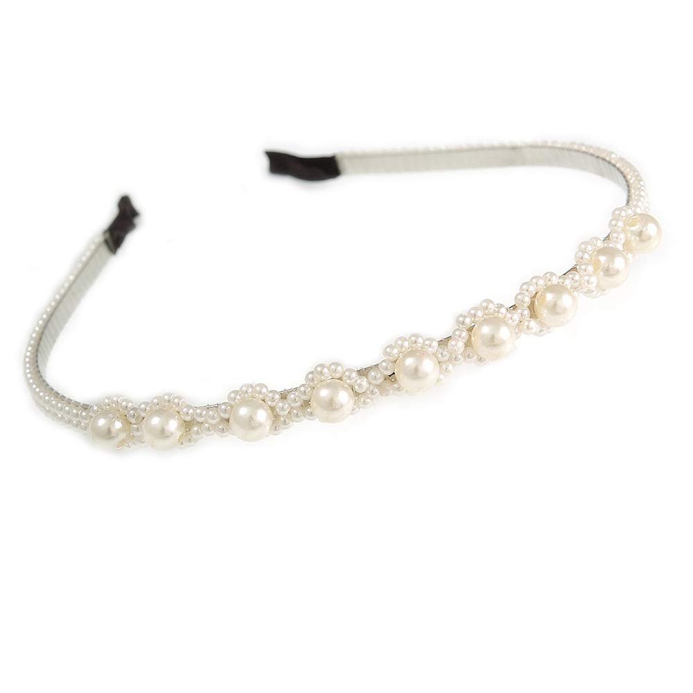 Bridal/Prom/Wedding Light Cream Faux Pearl Flex Hair Band/Headband in Silver Tone Metal - Adjustable