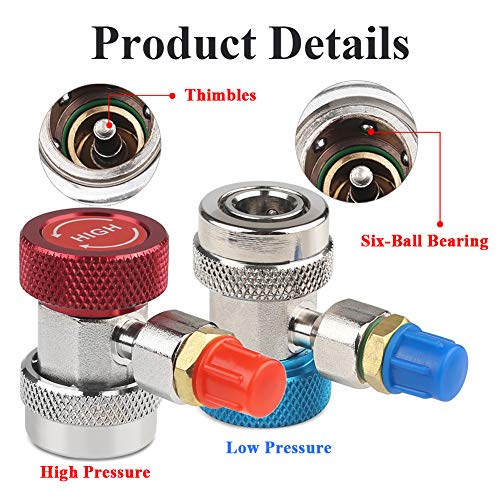 JDMON Adjustable AC R134A Quick Coupler Connector Adapters Fitting High Low 1/4 inch SAE HVAC Manifold Gauge Hose Set (R134A) - Thumbnail 5