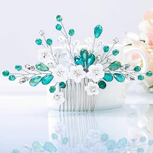 Fairvir Crystal Wedding Hair Combs Green Rhinestone Bridal Headpiece Flower Bride Hair Accessories for Women and Girls
